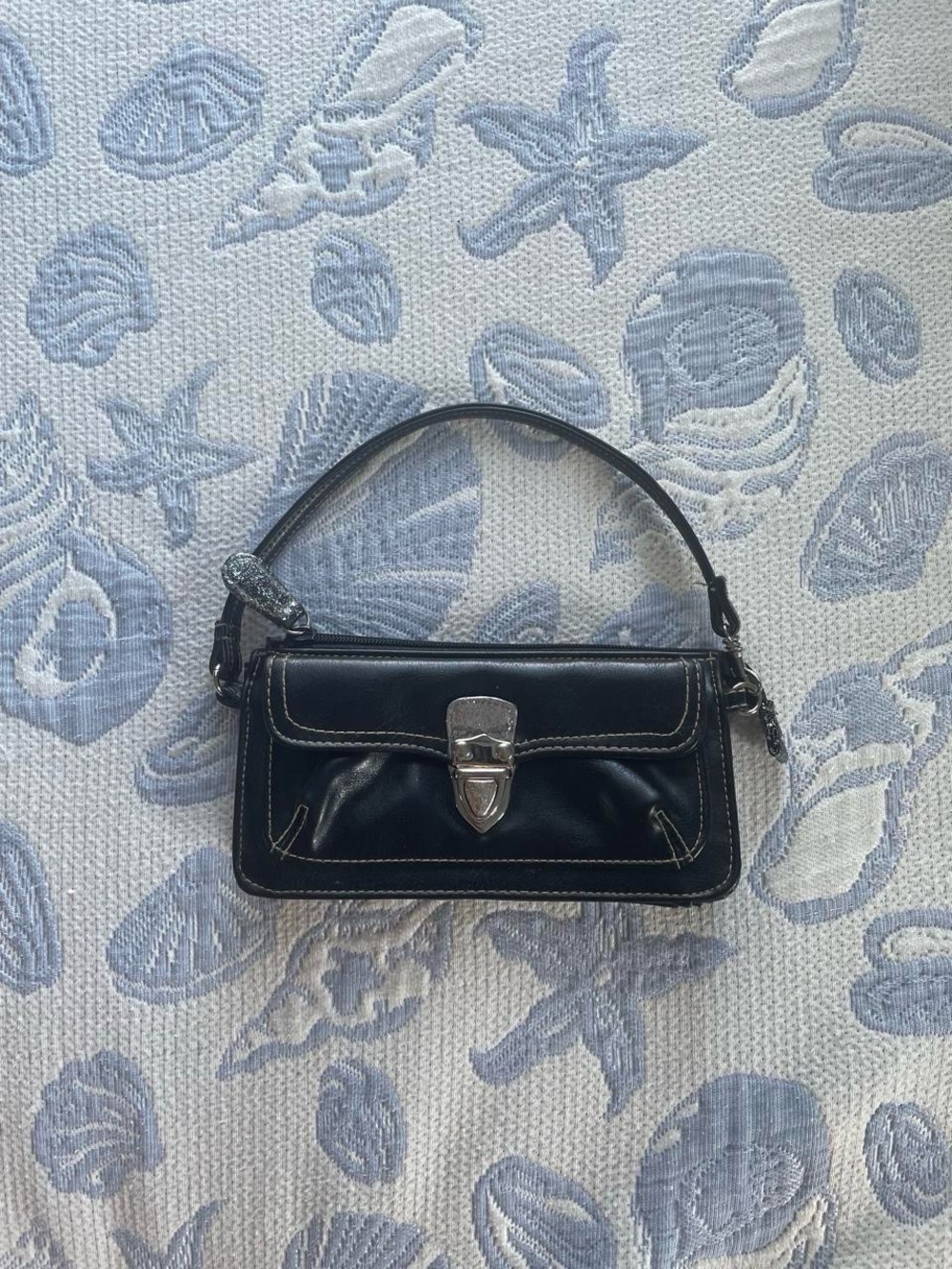 Vintage Black Leather Shoulder Bag with Silver Hardware